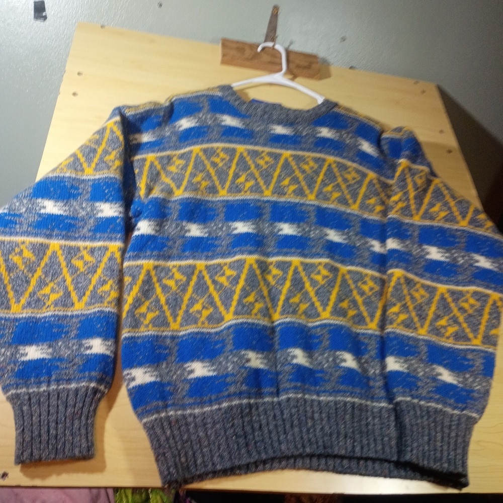 Hunt Club Sweater Men L 42-44 Blue Yellow Wool Blend Geometric Vintage Crewneck - Picture 8 of 11